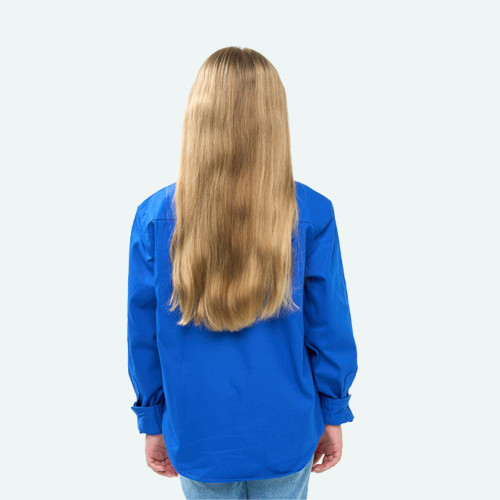 Rear view of the Outback Cobber Hazeldean Kids Half Button Long Sleeve Work Shirt in royal blue, highlighting the long sleeves, curved hem, and clean back panel design.