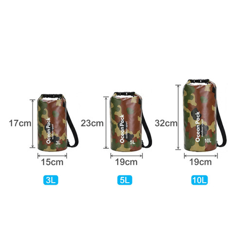 A camouflage dry bag in three sizes: 3L (17cm), 5L (23cm), and 10L (32cm), each with a strap and logo.