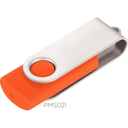 A USB flash drive featuring a silver metal body and an orange plastic cover. It includes a rotating design and a logo.