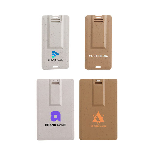 A set of wheat straw credit card flash drives in beige and light grey, featuring various logos.