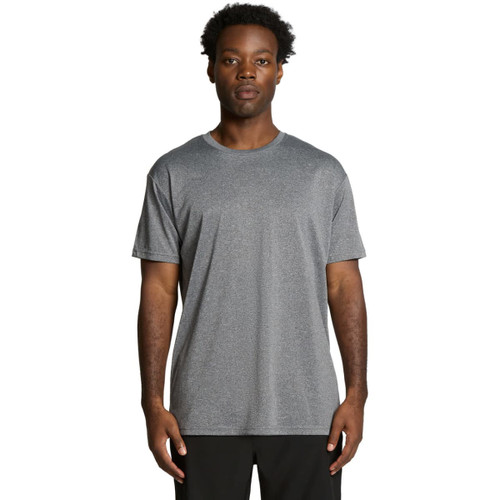 A grey active tee featuring a simple design and short sleeves. It has a branding logo on the garment. A grey active tee featuring a simple design and short sleeves. It has a branding logo on the garment.