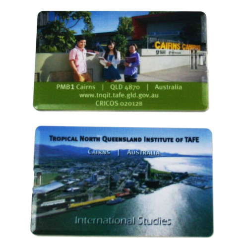 A flat USB drive featuring images of Cairns and the Tropical North Queensland Institute of TAFE, with various colours.