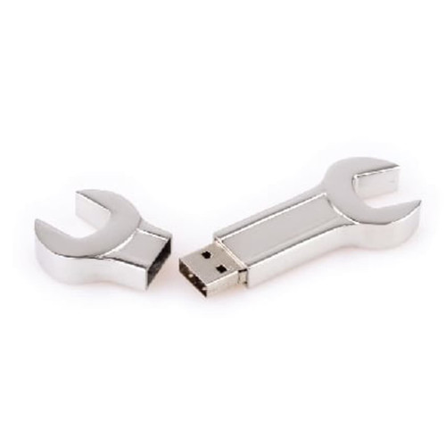 A silver dual spanner flash drive with a removable spanner cover, designed for data storage.