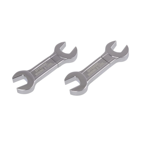 A dual spanner flash drive in silver, featuring two wrenches connected at the centre. It has branding on the surface.
