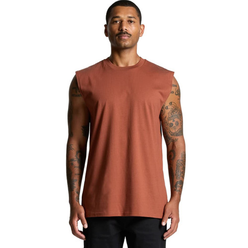 A sleeveless, rust-coloured tank top made of fabric, featuring a subtle logo on the front. A sleeveless, rust-coloured tank top made of fabric, featuring a subtle logo on the front.