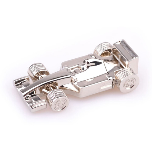 A silver racing car flash drive, designed in the shape of a race car, with detailed wheels and bodywork.