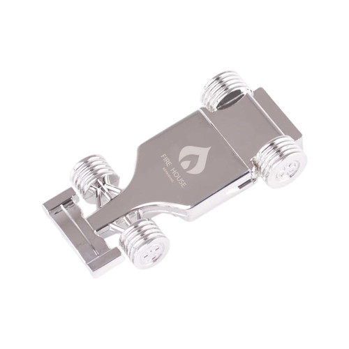 A shiny silver racing car-shaped flash drive with four wheels and a logo on the body.