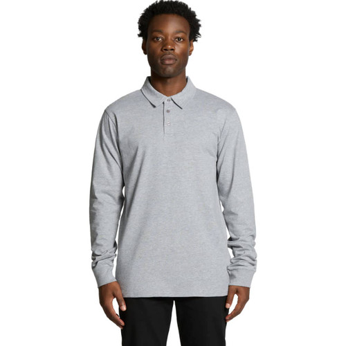 A long-sleeve polo shirt in grey featuring a collar and a logo on the chest.