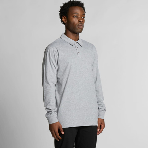 A long-sleeve grey polo shirt with a collar and buttons, featuring a logo on the chest.