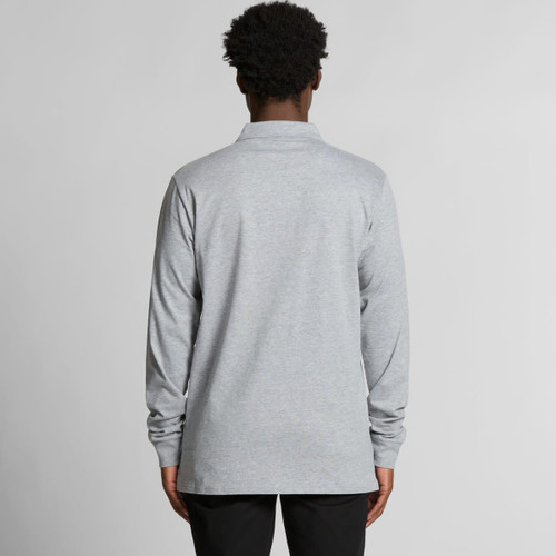 A long-sleeve polo shirt in grey with a collar and a logo on the back.