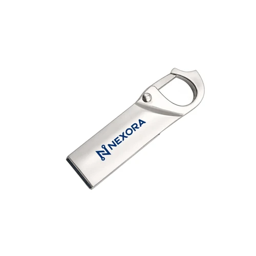 A silver Clip Lock Flash Drive featuring a curved design and a logo. Ideal for storage and portability.