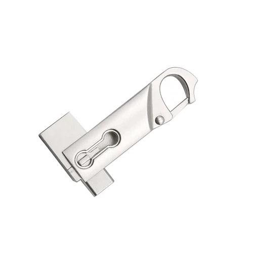 A silver Clip Lock Flash Drive featuring a keyring attachment and a sleek, modern design.