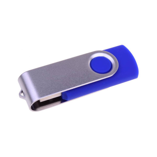 A silver and blue Belton Swivel Flash Drive with a metal casing and a sliding mechanism. It features a logo.