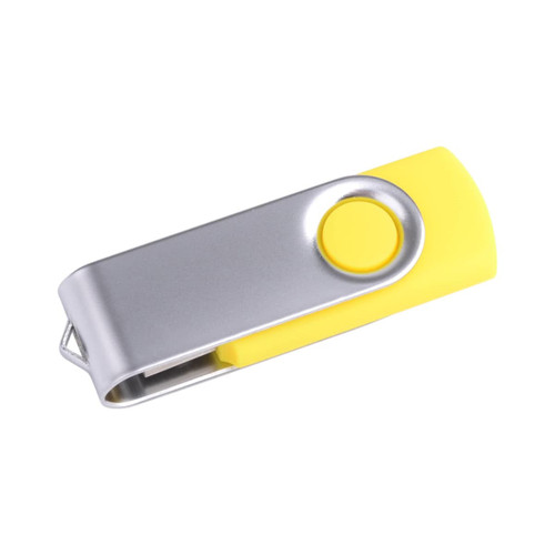 A yellow and silver Belton swivel flash drive with a clip design and a branding logo.