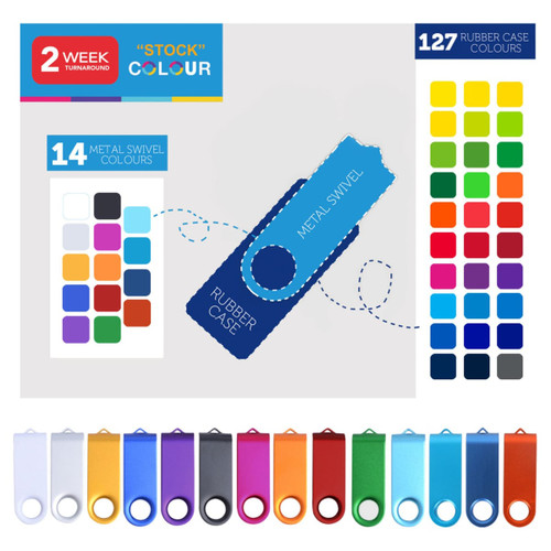 A variety of Belton Swivel Flash Drives in different colours, featuring a metal swivel and rubber casing.
