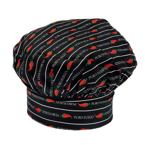 A chef hat in black fabric, featuring red chili pepper patterns and a branded band.