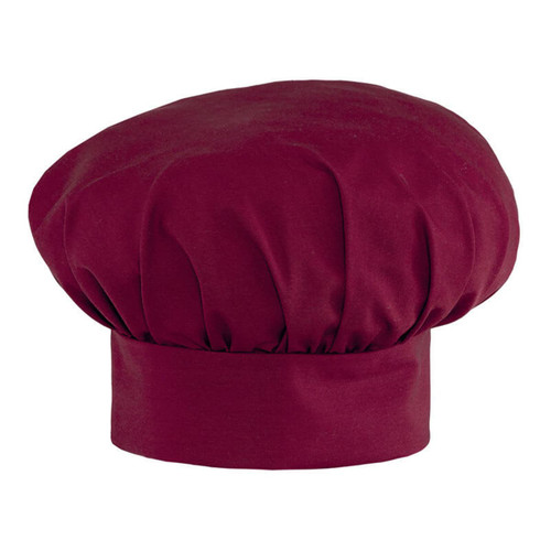 A maroon toque chef hat with a round, puffed design and a structured band at the base.