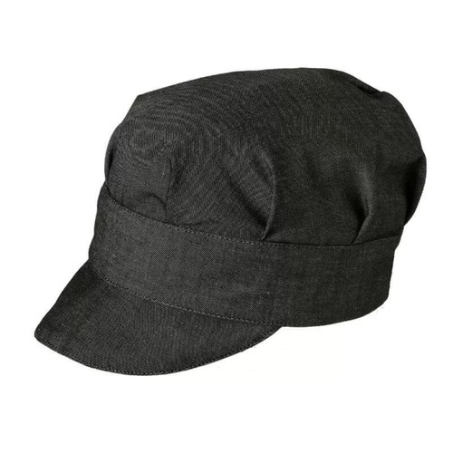 A grey cap with a rounded crown and a flat brim, featuring a simple branding logo.