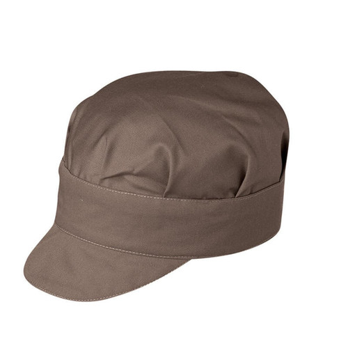 A brown Tommy Hat with a structured peak and a wide band around the crown, featuring a logo.