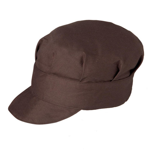 A brown cap with a flared crown and a flat brim; features a logo on the side.