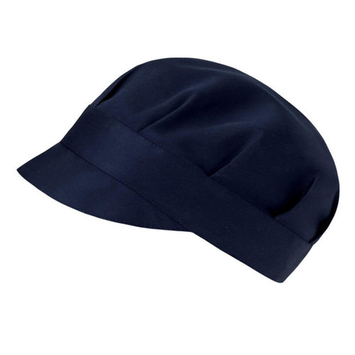A navy blue Tommy Hat with a flat brim and gathered detailing. The hat has a simple design and features a logo.