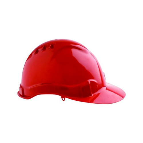 Red coloured hard hat in side view