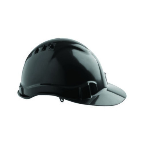Black coloured hard hat in side view