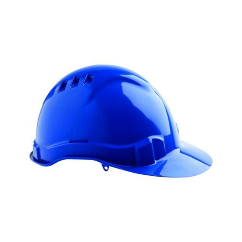 Blue coloured hard hat in side view