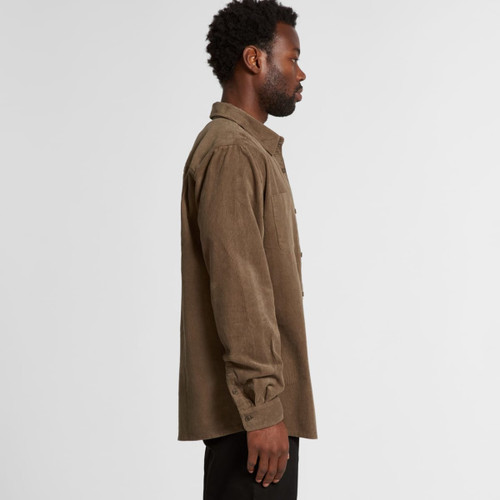 A button-up cord shirt in a warm brown colour, featuring a collar and button detailing, with a side view of a model.