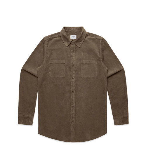 A button-up cord shirt in a brown hue featuring a collared neck and two chest pockets. It has a subtle logo.