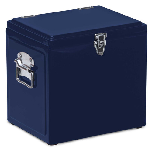 A navy blue vintage cooler box with a metal latch and handle, featuring a sleek, shiny finish.
