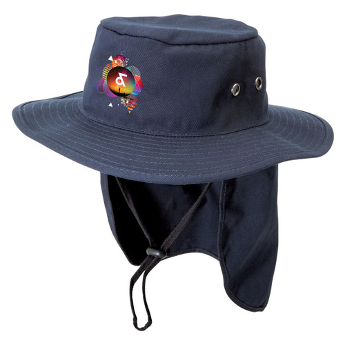 A navy bucket hat with a wide brim and neck flap, featuring a logo.