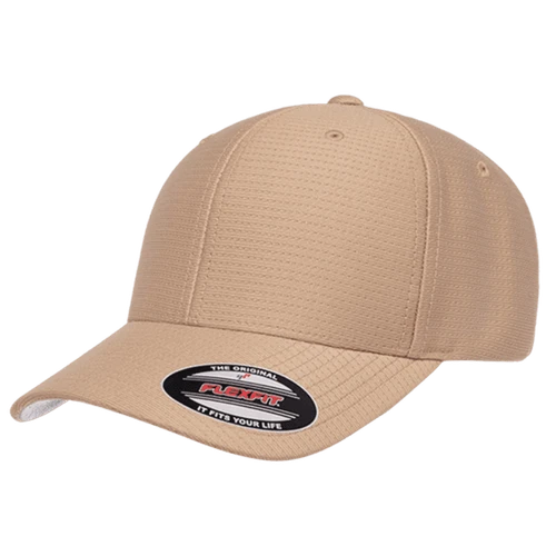 A tan baseball cap with a fitted design and a logo on the front.