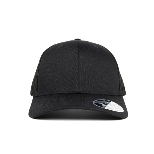 Front view of the Flexfit® Worn By The World Mesh Trucker in black, featuring a structured six-panel crown, curved visor, and clean minimalist design.