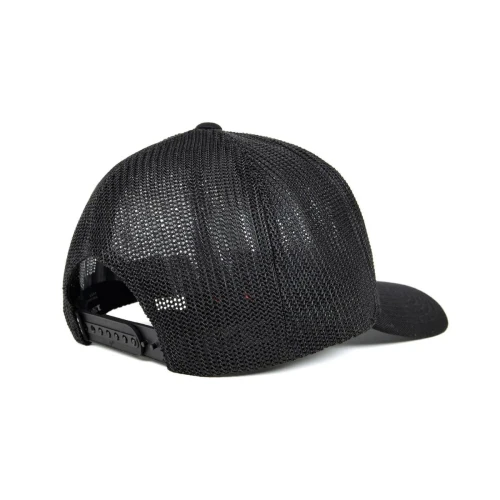 Rear angled view of the Flexfit® Worn By The World Mesh Trucker in black, highlighting the breathable mesh back panels and adjustable snapback closure.