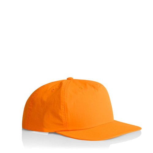 An orange cap with a rounded crown and a curved brim. It features a logo on the front. An orange cap with a rounded crown and a curved brim. It features a logo on the front.