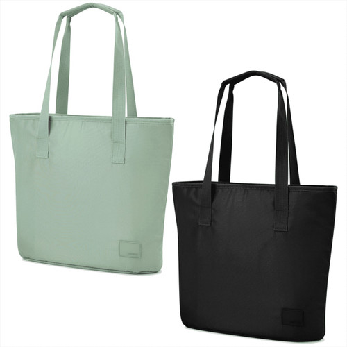 A mint green tote bag and a black tote bag, both featuring sturdy handles and a branding logo.