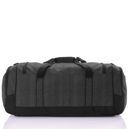 A grey duffle bag with black accents, featuring sturdy handles and multiple straps for easy carrying.