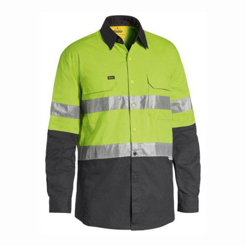 Hi-vis reflective safety work shirt in lime and charcoal with long sleeves and contrasting colors.