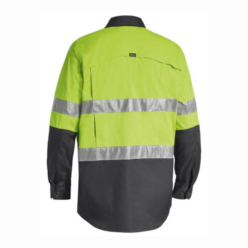 Back view of Hi-vis reflective safety work shirt in lime and charcoal with long sleeves and contrasting colors.