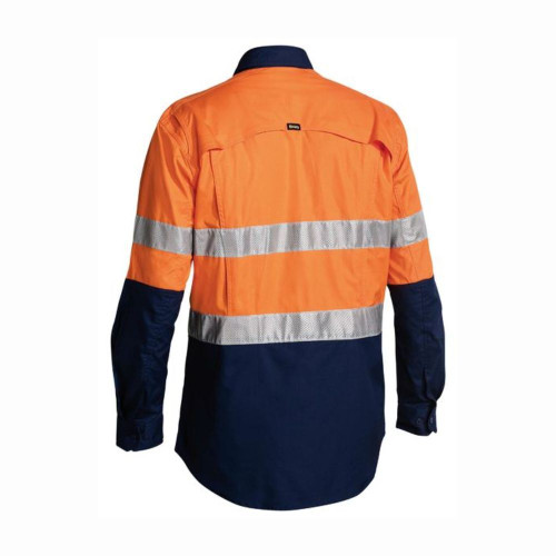 Back view of Hi-vis reflective safety work shirt in orange and navy with long sleeves and contrasting colors.