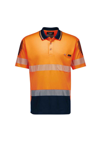 A short sleeve polo in bright orange with navy accents and segmented reflective tape, featuring a pocket and logo.