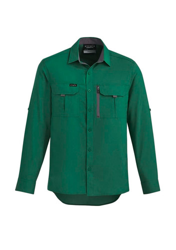 A green men's outdoor long sleeve button-up shirt with chest pockets and a logo.
