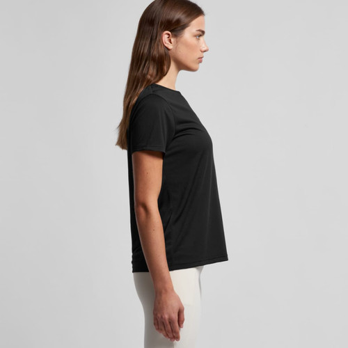 A black women's t-shirt with a crew neck, displayed from the side. It has a logo on the front. A black women's t-shirt with a crew neck, displayed from the side. It has a logo on the front.