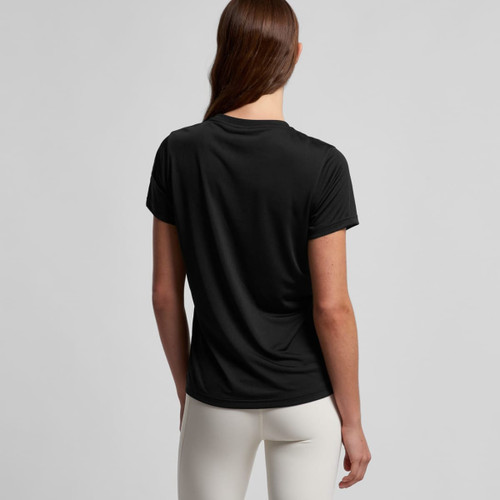 A black active tee featuring a round neck and short sleeves, with a smooth back design and logo detail. A black active tee featuring a round neck and short sleeves, with a smooth back design and logo detail.