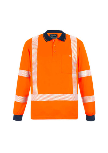 A long sleeve polo shirt in bright orange with reflective stripes and a pocket, featuring a branded logo.