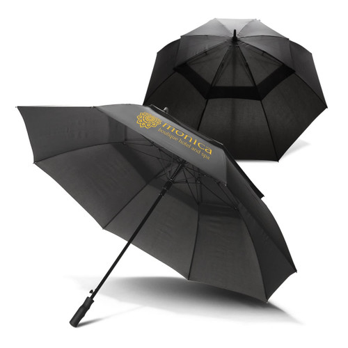 A black 76cm storm umbrella featuring a logo, showcasing a double canopy design.