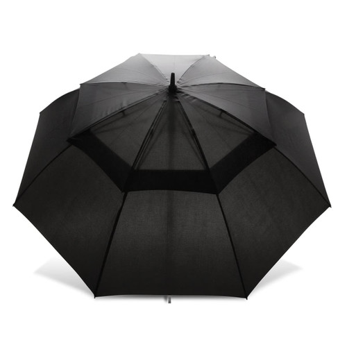 A black 76cm storm umbrella with multiple panels and a sturdy construction, featuring a logo.