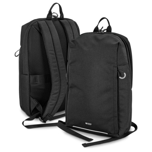 A black RFID backpack featuring a sleek design, padded straps, and a subtle logo.