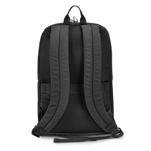 A black Swiss Peak RFID backpack with padded, mesh shoulder straps and a top carry handle.